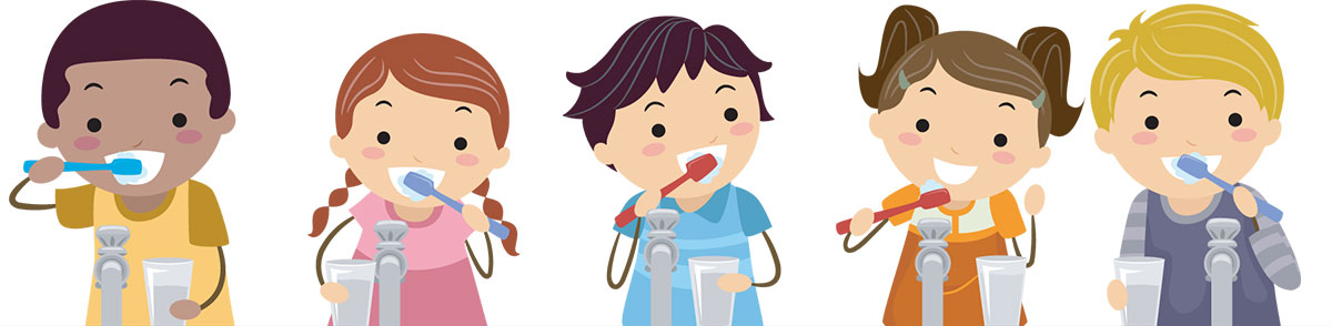 A colorful illustration of a row of kids brushing their teeth